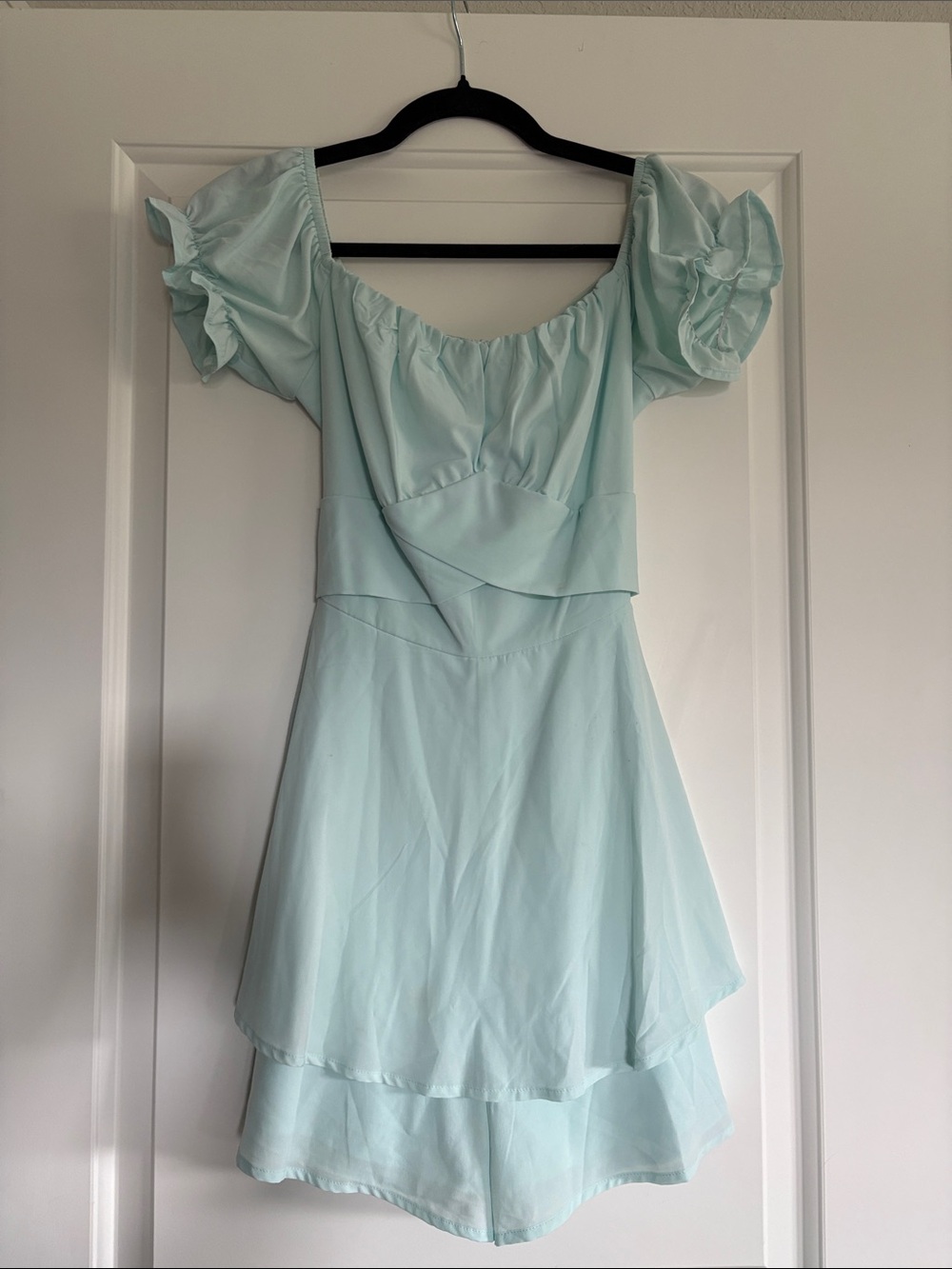 Light Aqua Off-Shoulder Ruffle Sleeve Romper Dress